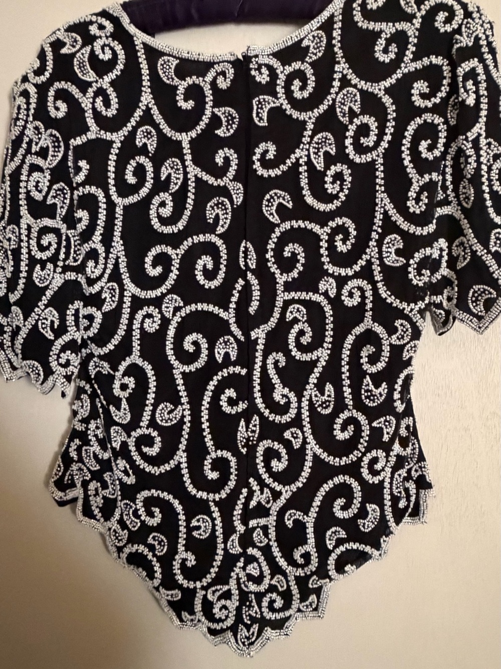 Laurence Kazar Black Blouse with White Beaded Swirl Embellishment